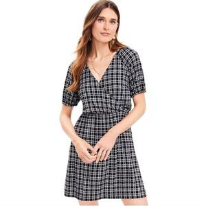 LOFT Short Puff Sleeve Faux Wrap Mini Dress Black & White Plaid Women's S NWT